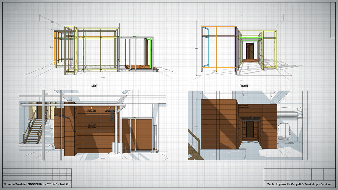 Pinocchio Unstrung - Geppetto’s Workshop - front &amp; side elevations of my 3D plans for the corridor section of the workshop build..