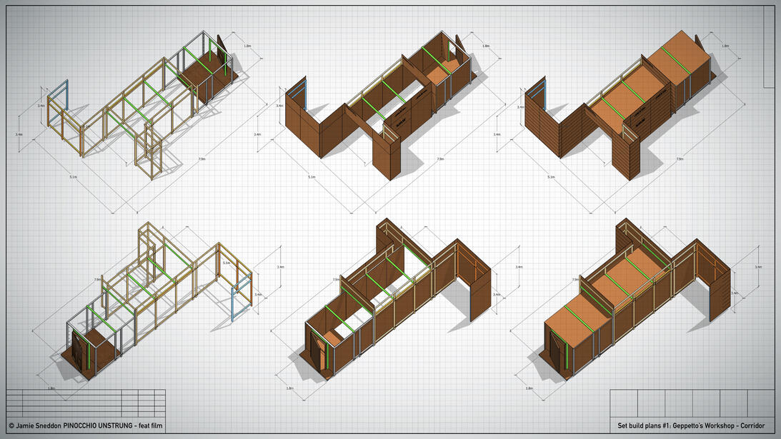 Pinocchio Unstrung - Geppetto’s Workshop - an example of my 3D plans for the corridor section of the workshop build..